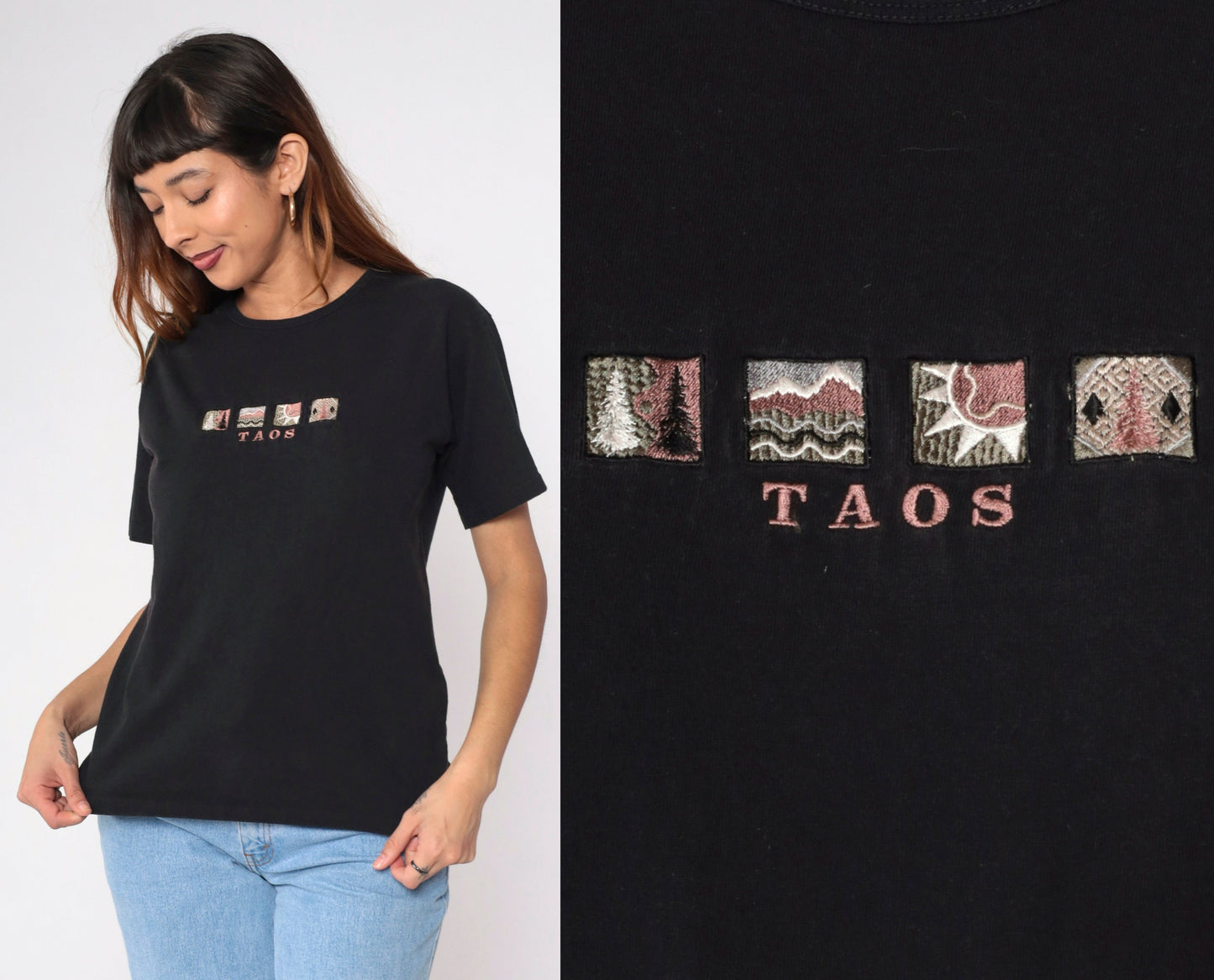 90s Taos New Mexico Graphic T-Shirt Black Embroidered Mountain Sun Medium