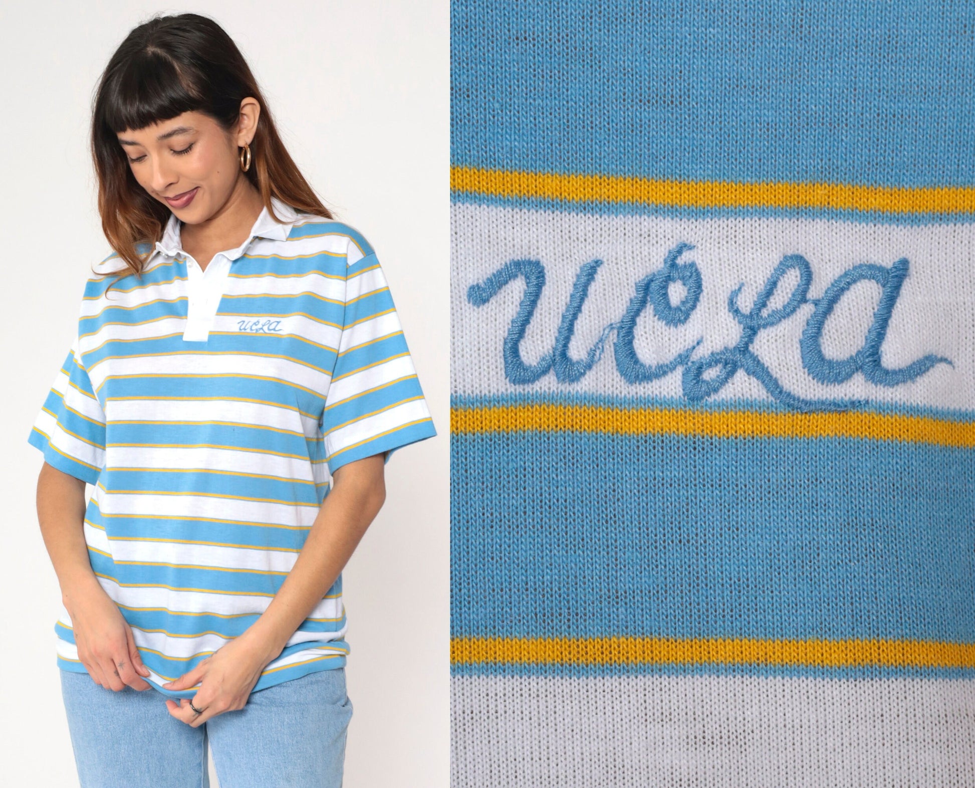 80s UCLA Bruins Striped Polo Shirt White Blue Gold Embroidered Medium