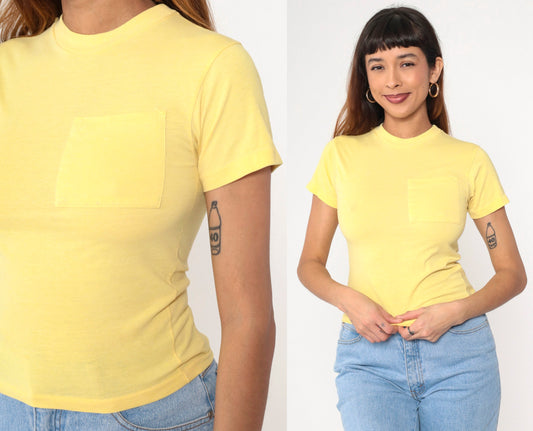 90s Yellow Pocket T-Shirt Cotton Blend Crewneck Youth Medium