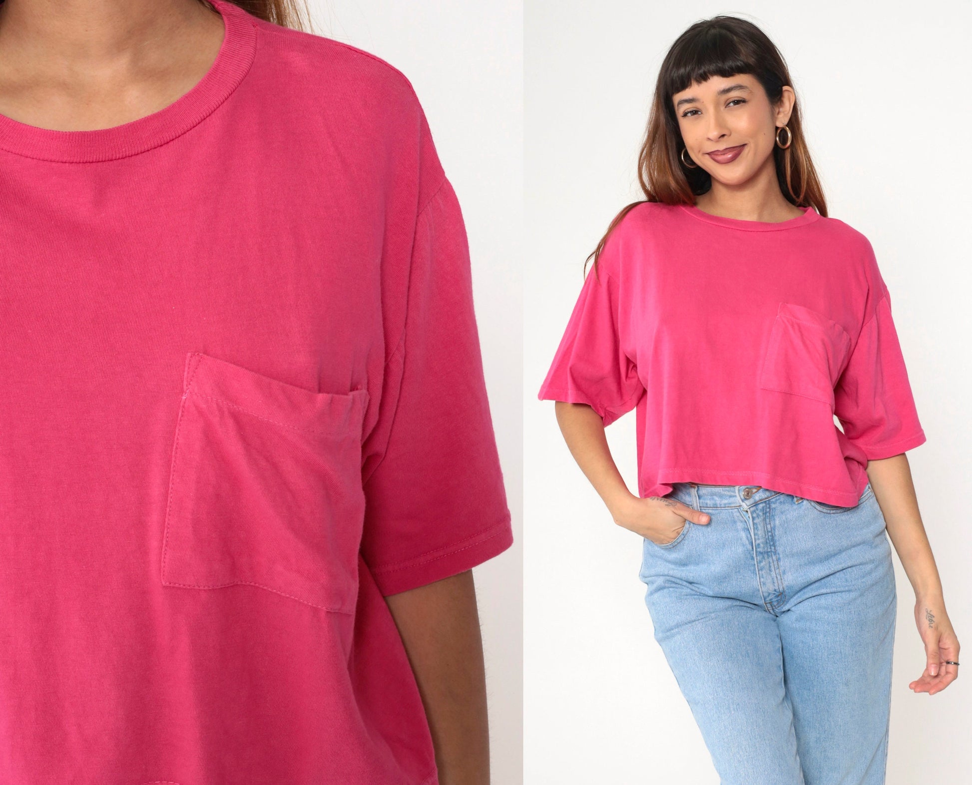 90s Energie Hot Pink Crop Top Cotton T-Shirt Pocket Tee Large L
