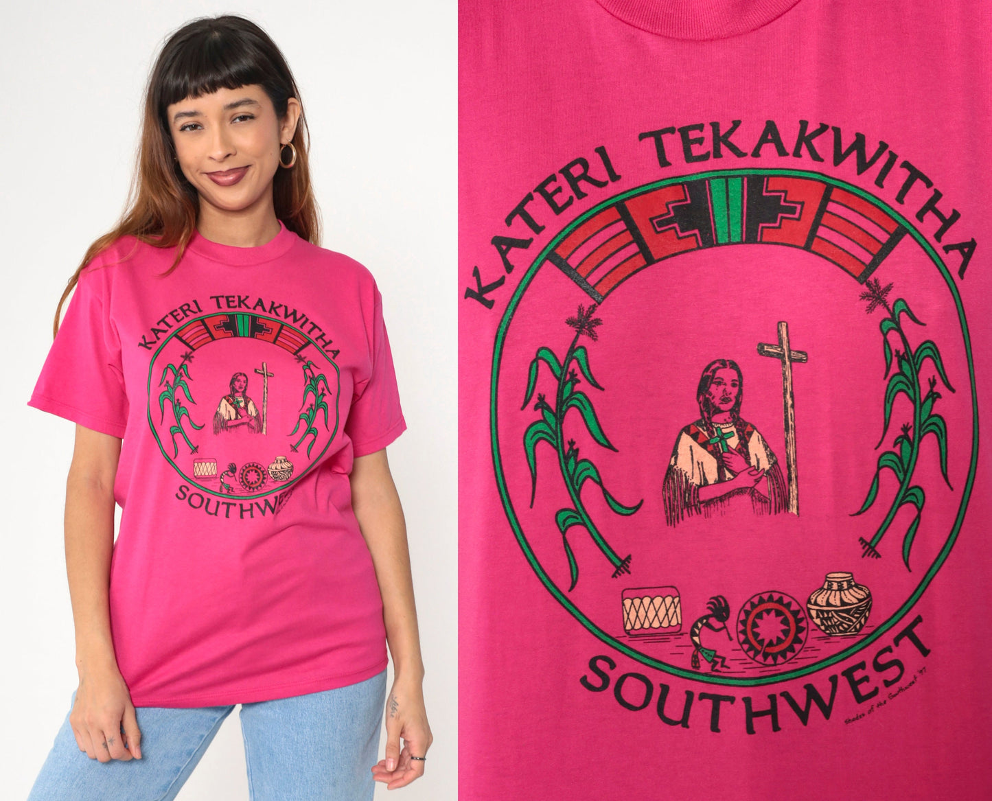 90s Kateri Tekakwitha Native American Saint Graphic T-Shirt Pink Small