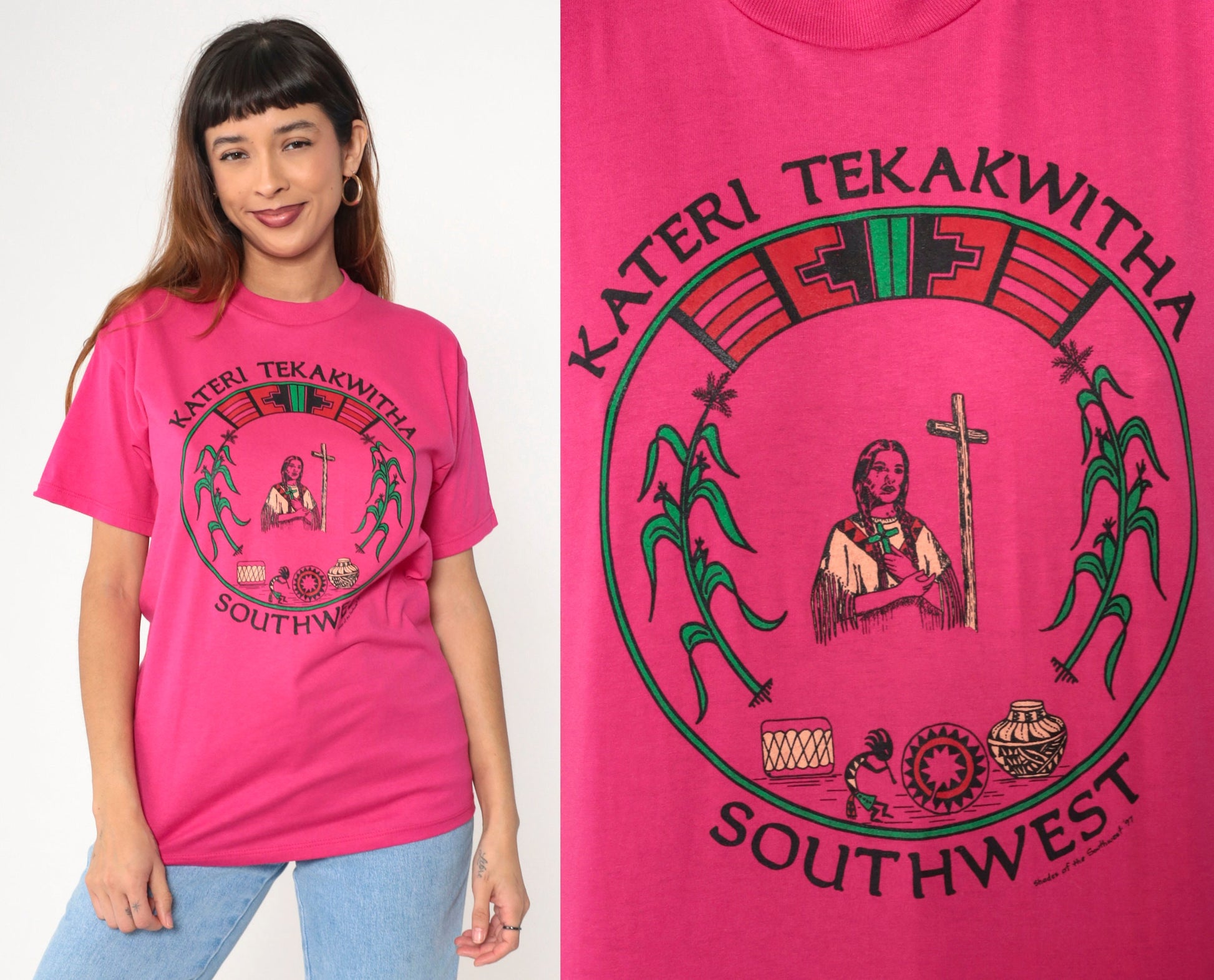 90s Kateri Tekakwitha Native American Saint Graphic T-Shirt Pink Small