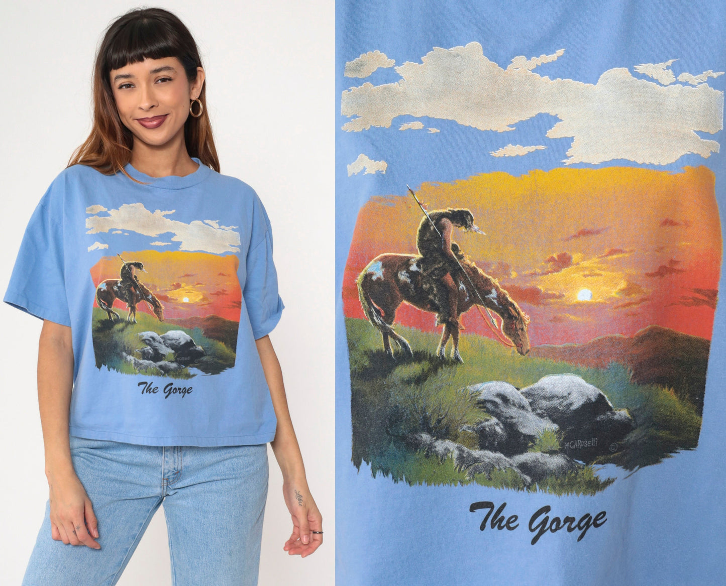 90s End of The Trail Native American Graphic T-Shirt Blue Large L
