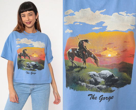 90s End of The Trail Native American Graphic T-Shirt Blue Large L
