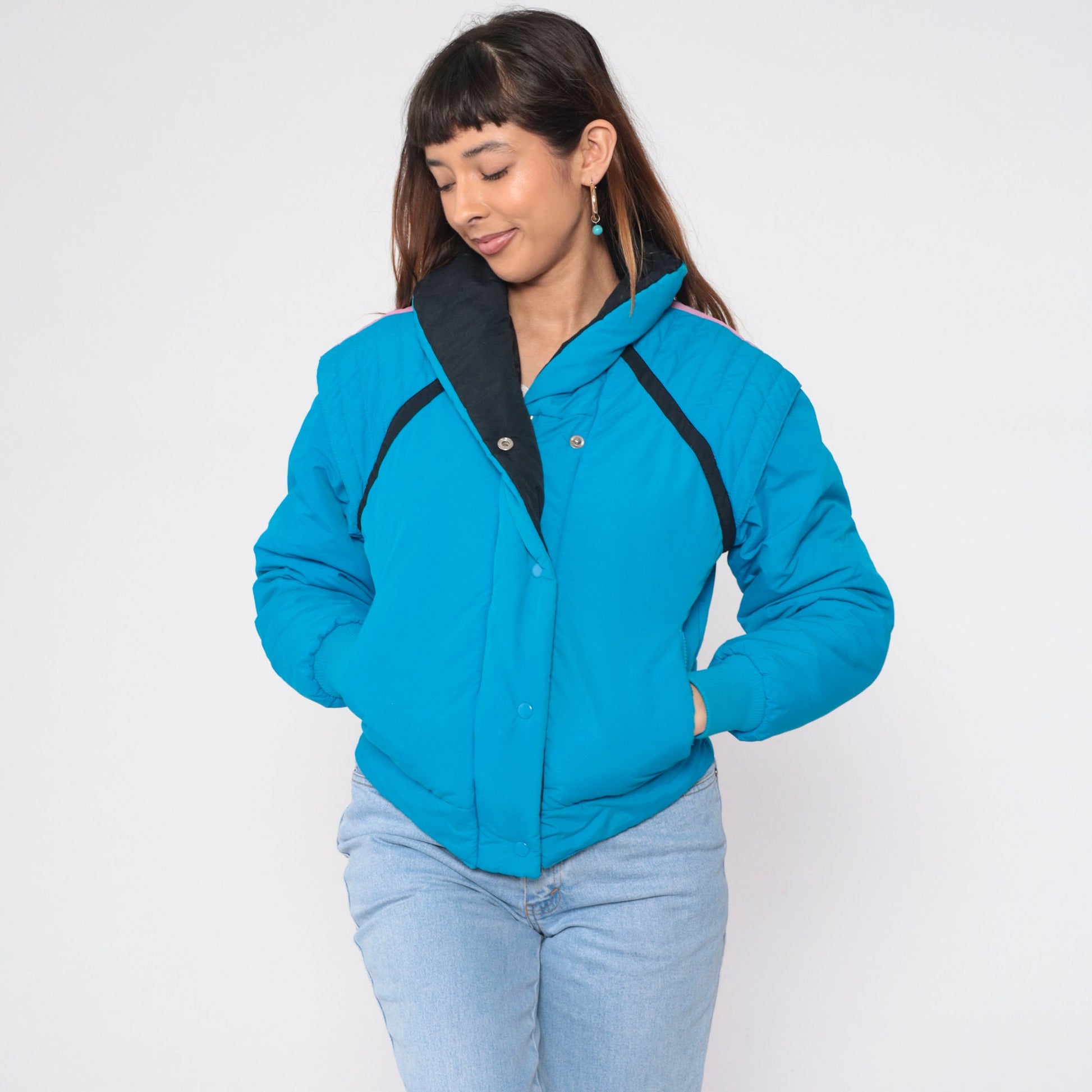 80s Bright Blue Puffer Ski Jacket Convertible Zip-Off Sleeves Vest Extra Small