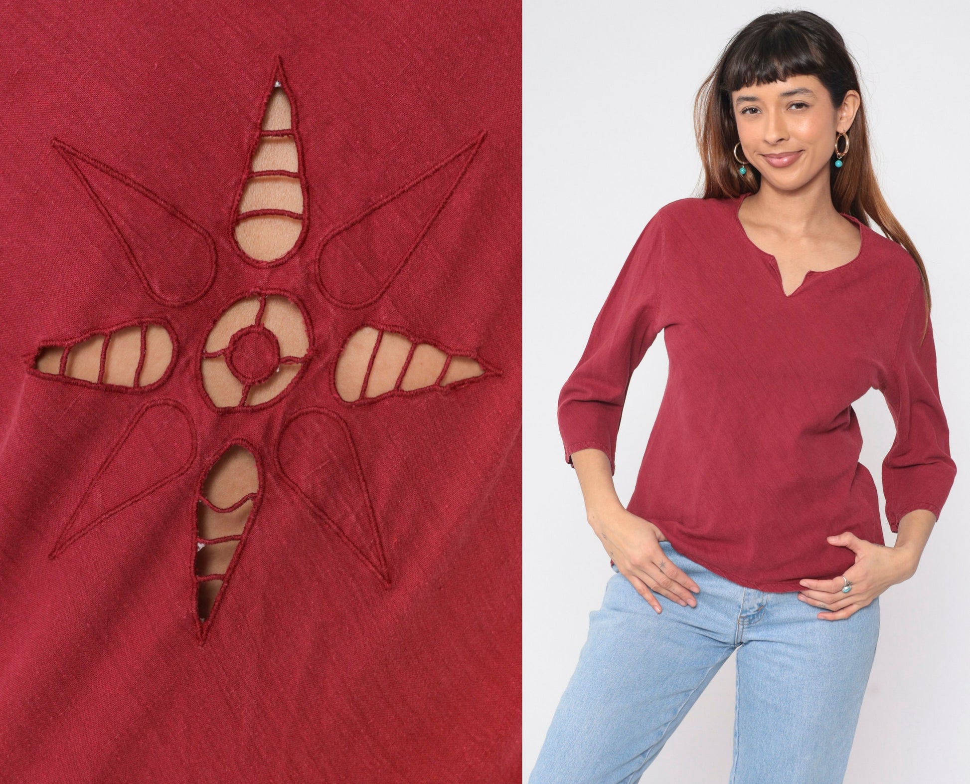 90s Burgundy Cutwork Blouse Floral Long Sleeve Tunic Small