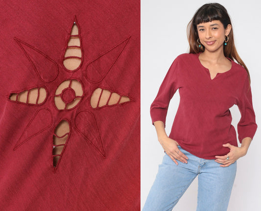 90s Burgundy Cutwork Blouse Floral Long Sleeve Tunic Small