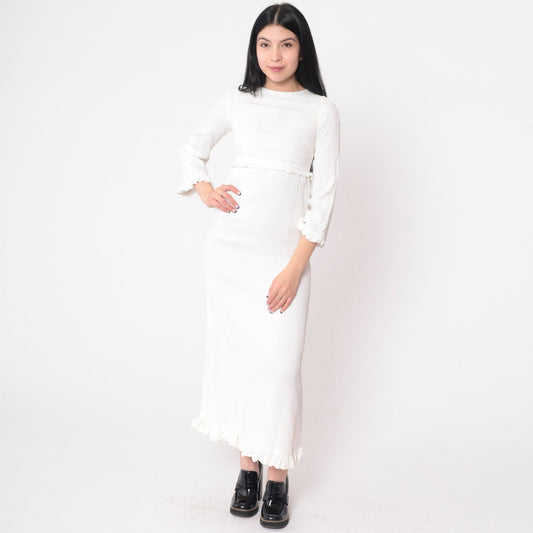 70s White Maxi Dress Empire Waist Bell Sleeve Ruffled Youth 10-12