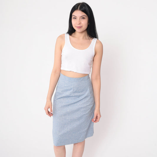 70s Light Blue Flecked Pencil Skirt High Waist Midi Extra Small XS