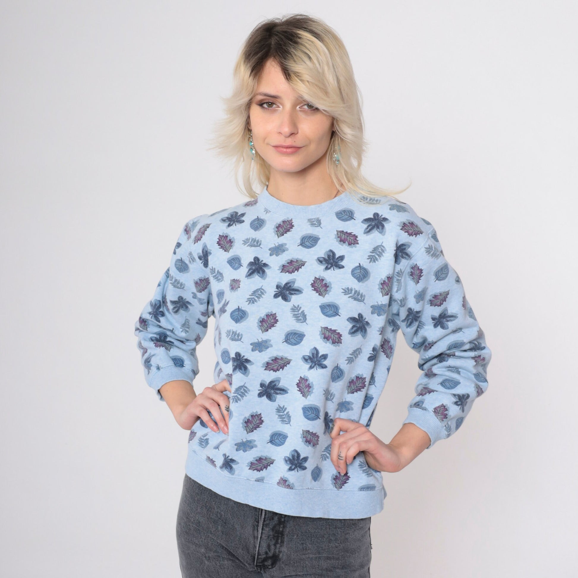 90s Leaf Print Sweatshirt Grey Botanical All Over Crewneck Small