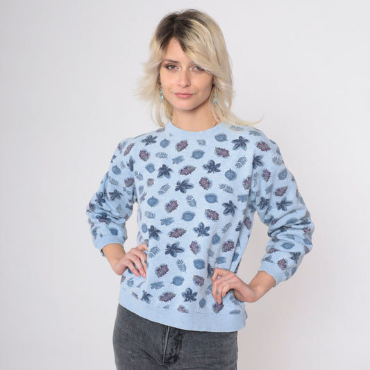 90s Leaf Print Sweatshirt Grey Botanical All Over Crewneck Small