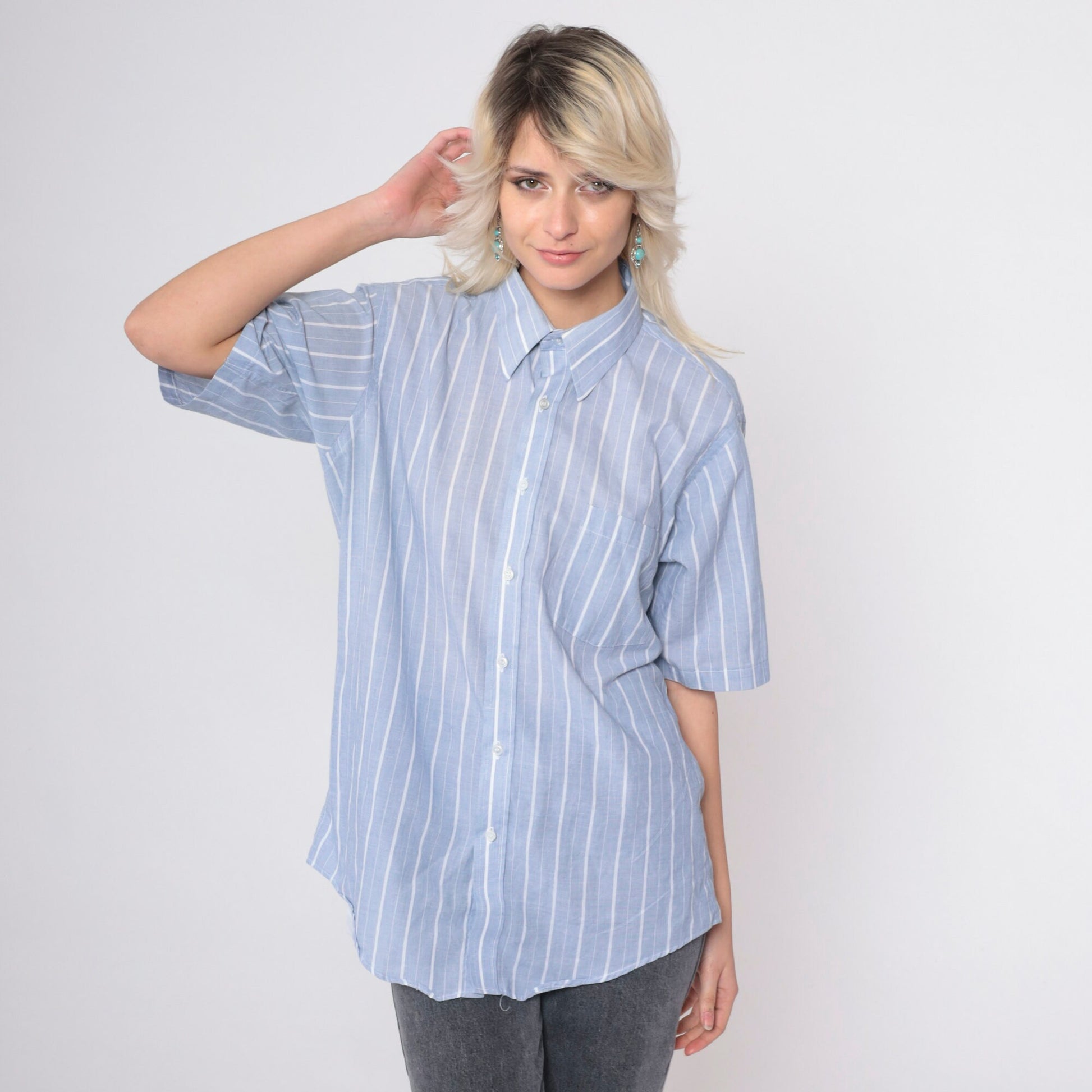 80s Golden Needle Blue Striped Button-Up Shirt Cotton Blend Short Sleeve Medium