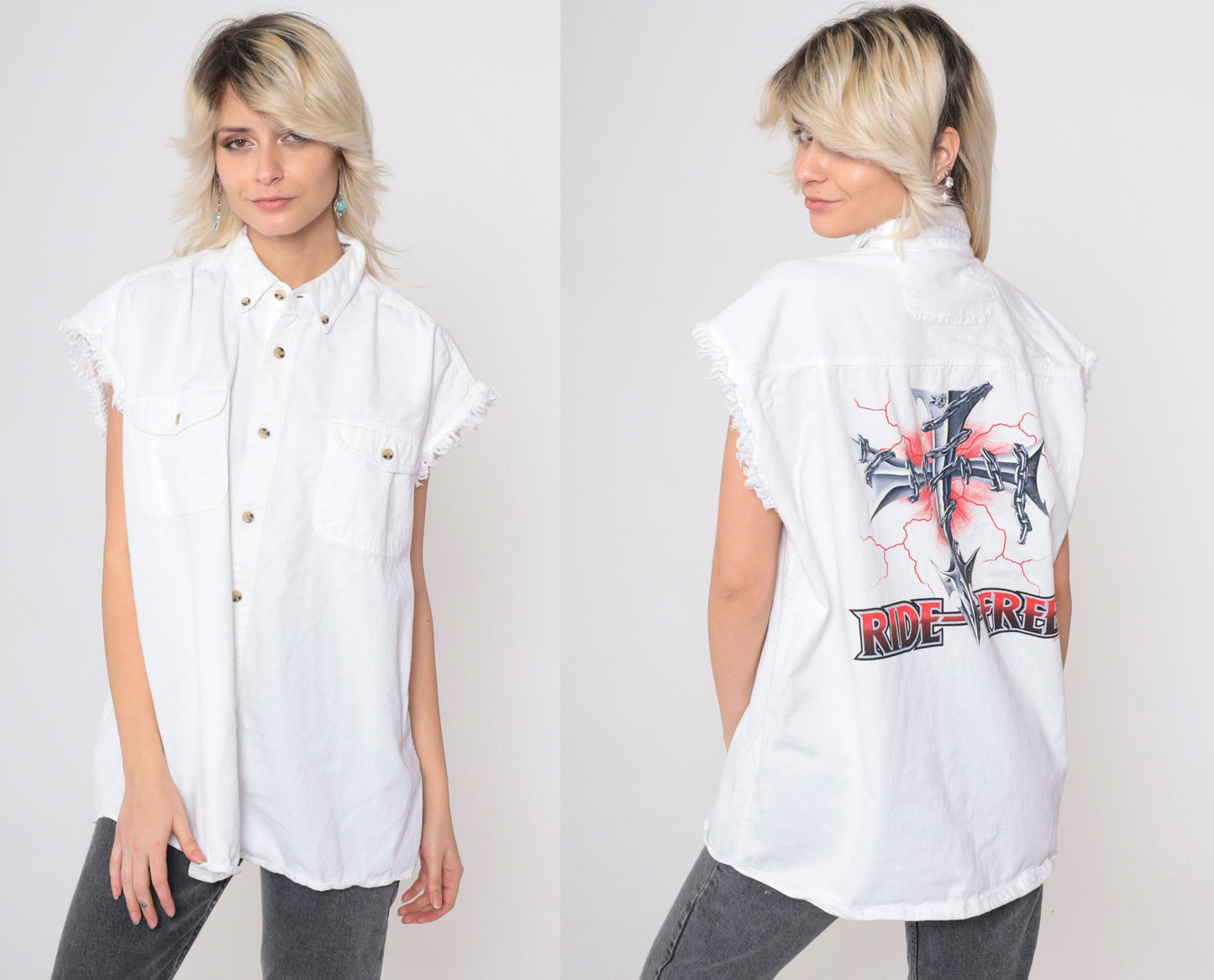 90s Ride Free Motorcycle Cutoff Tank Top White Cotton Button Up Extra Large