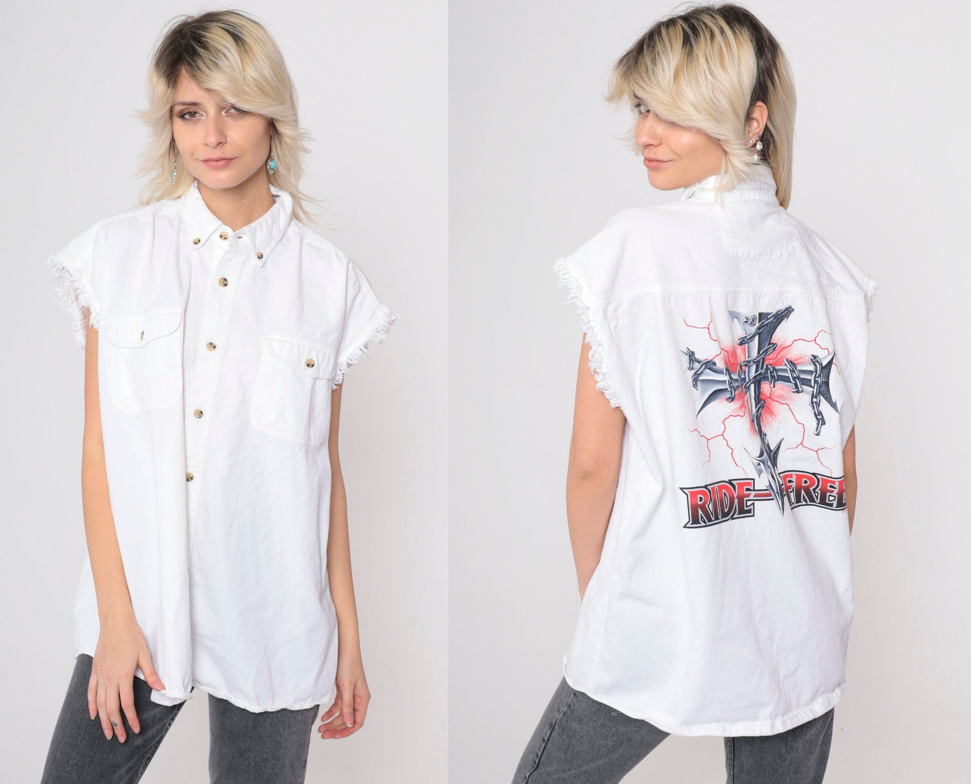 90s Ride Free Motorcycle Cutoff Tank Top White Cotton Button Up Extra Large