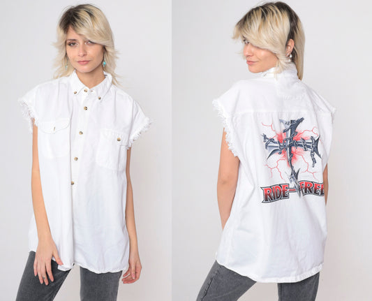 90s Ride Free Motorcycle Cutoff Tank Top White Cotton Button Up Extra Large