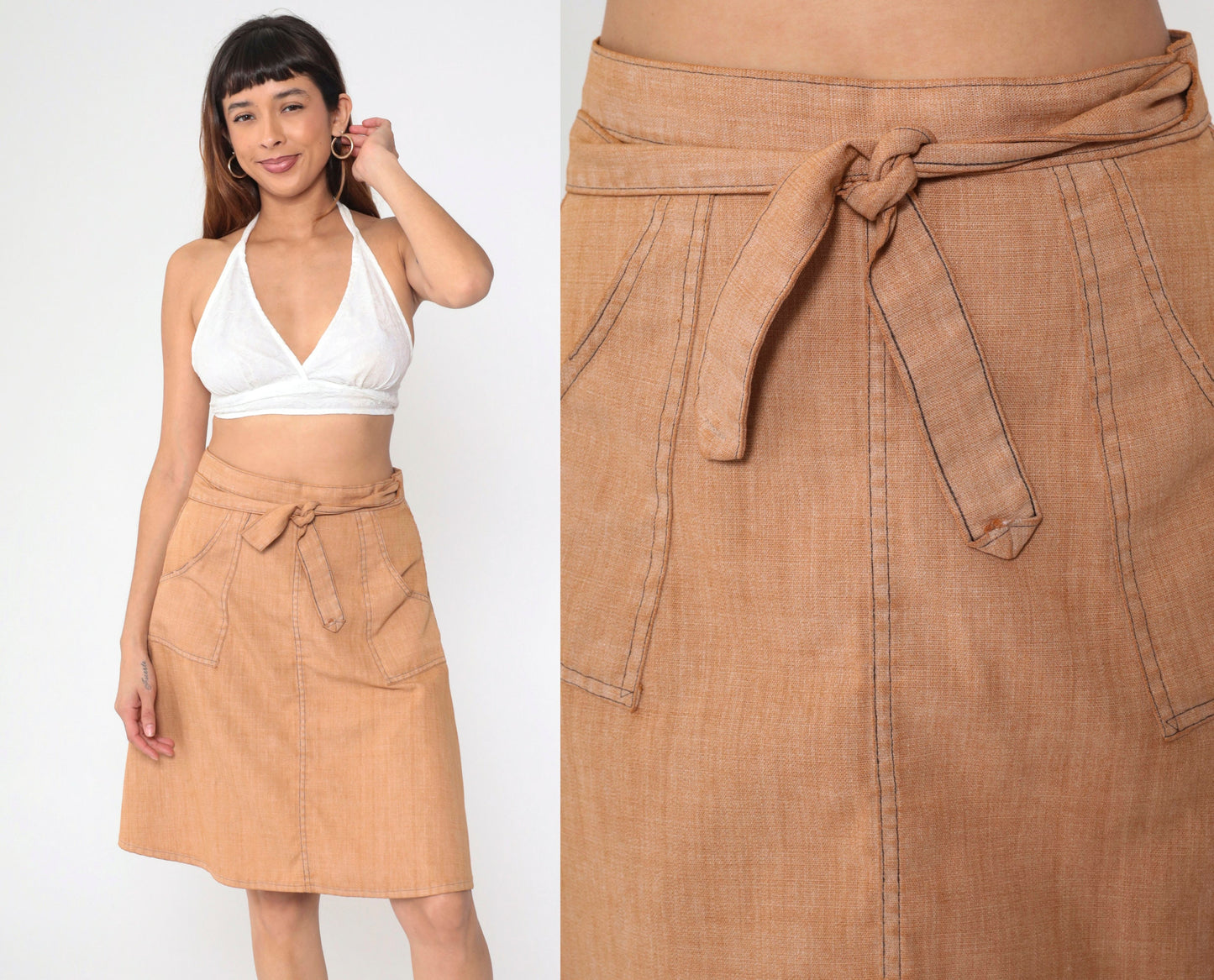 70s Madewell Wrap Skirt Tan Patch Pocket High Waist Knee Length Small