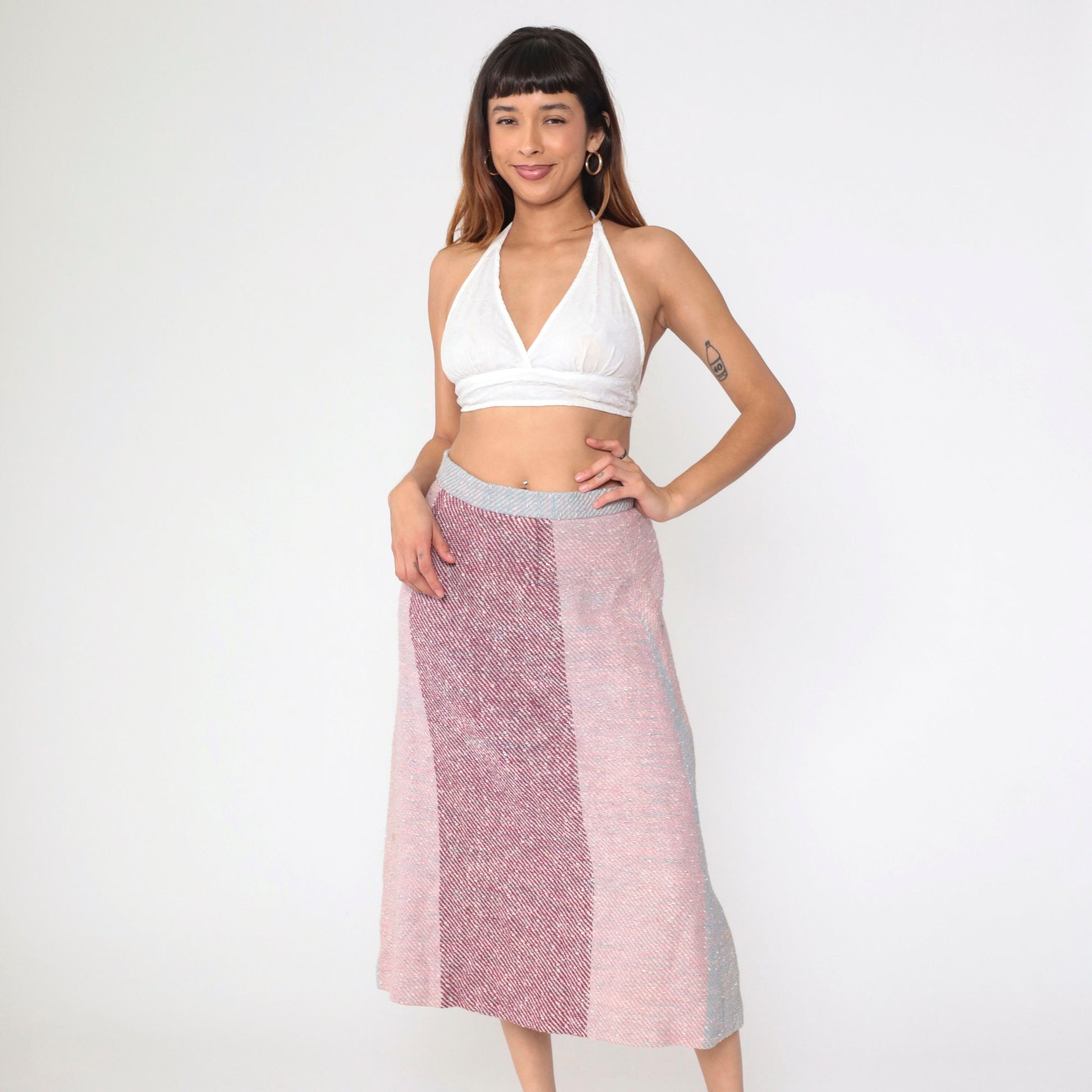 70s Striped Colour Block Midi Skirt High Waist Pink Purple Blue Medium