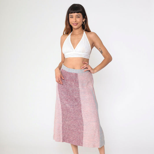 70s Striped Colour Block Midi Skirt High Waist Pink Purple Blue Medium