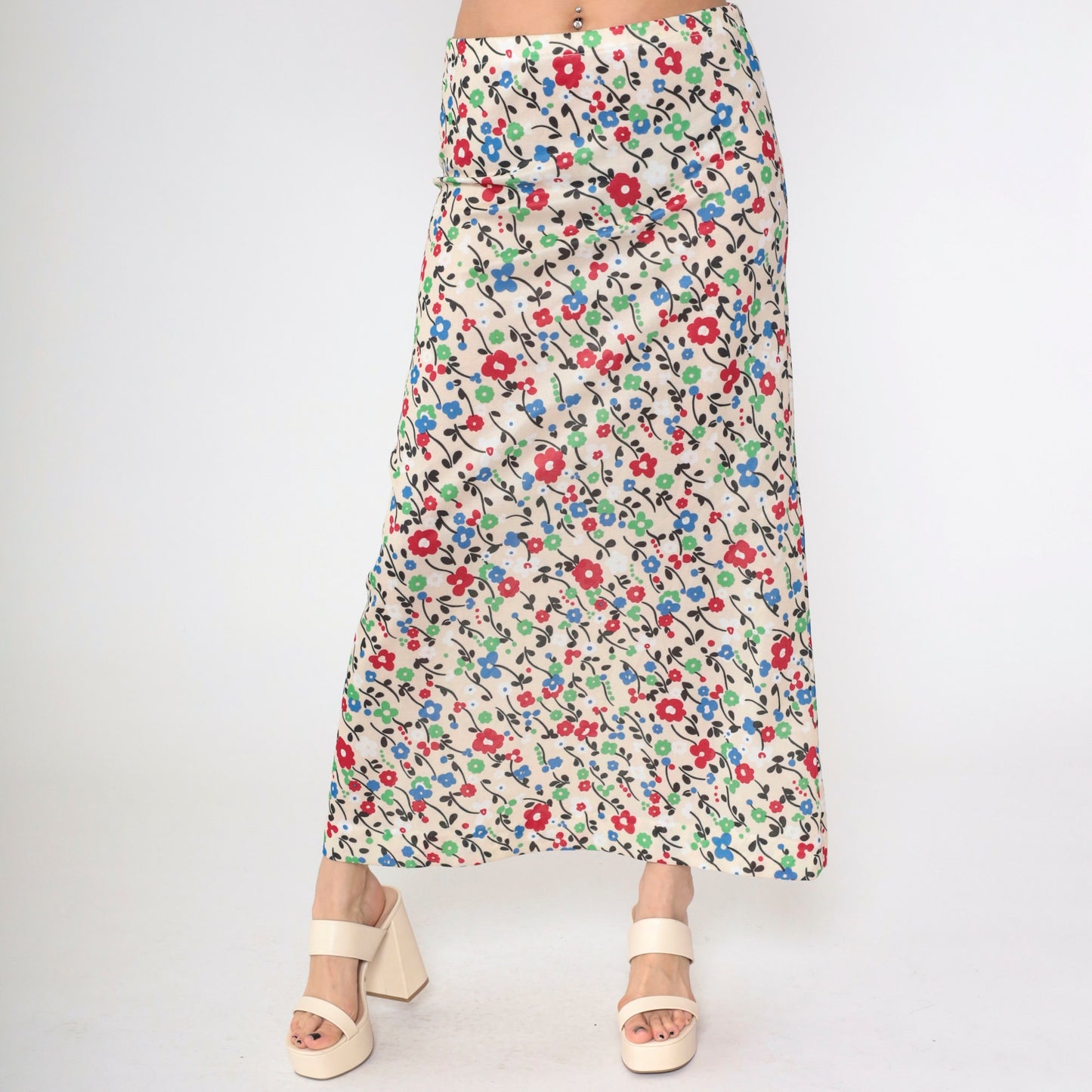 70s Floral Maxi Skirt High Waist Elastic Cream Red Green Blue Medium