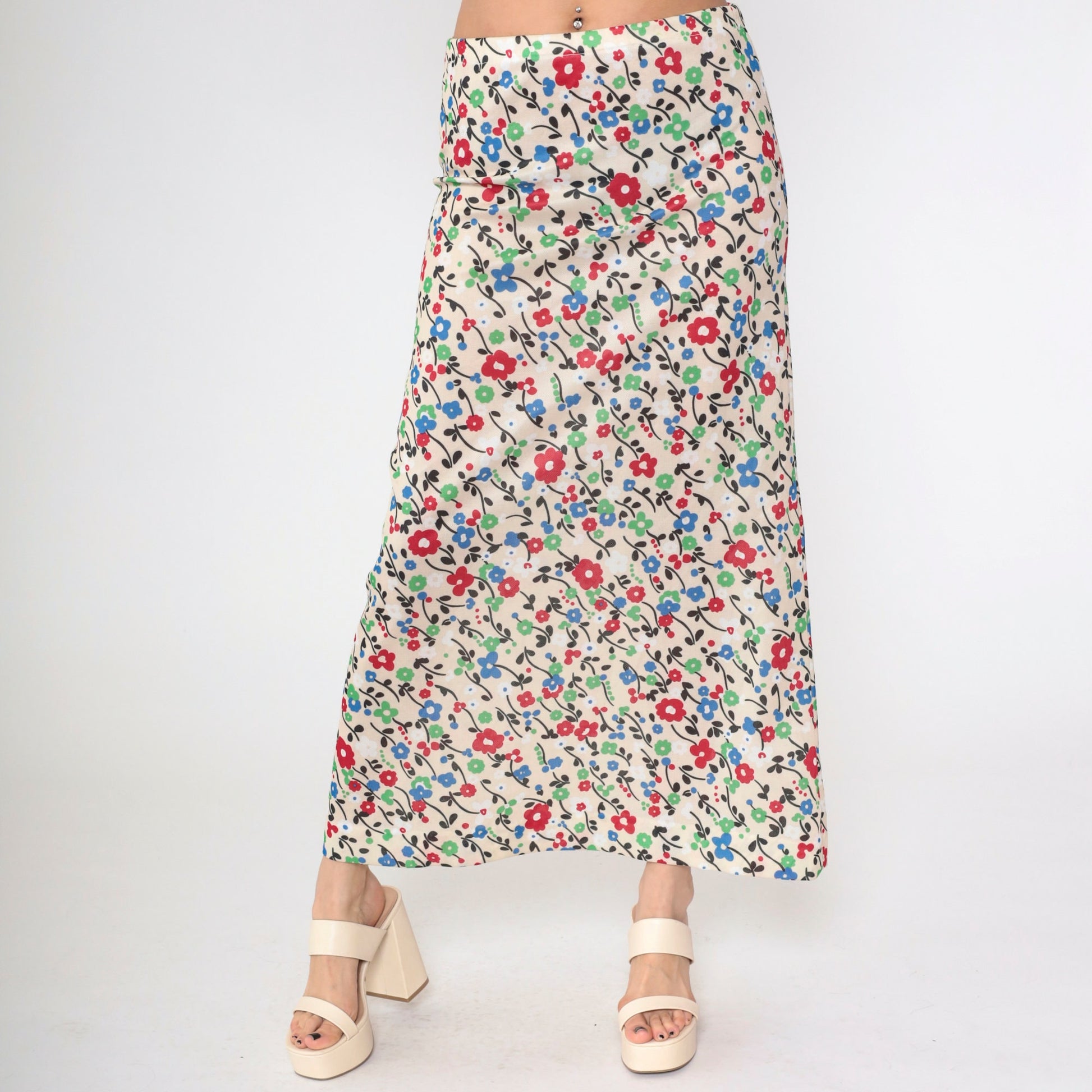 70s Floral Maxi Skirt High Waist Elastic Cream Red Green Blue Medium