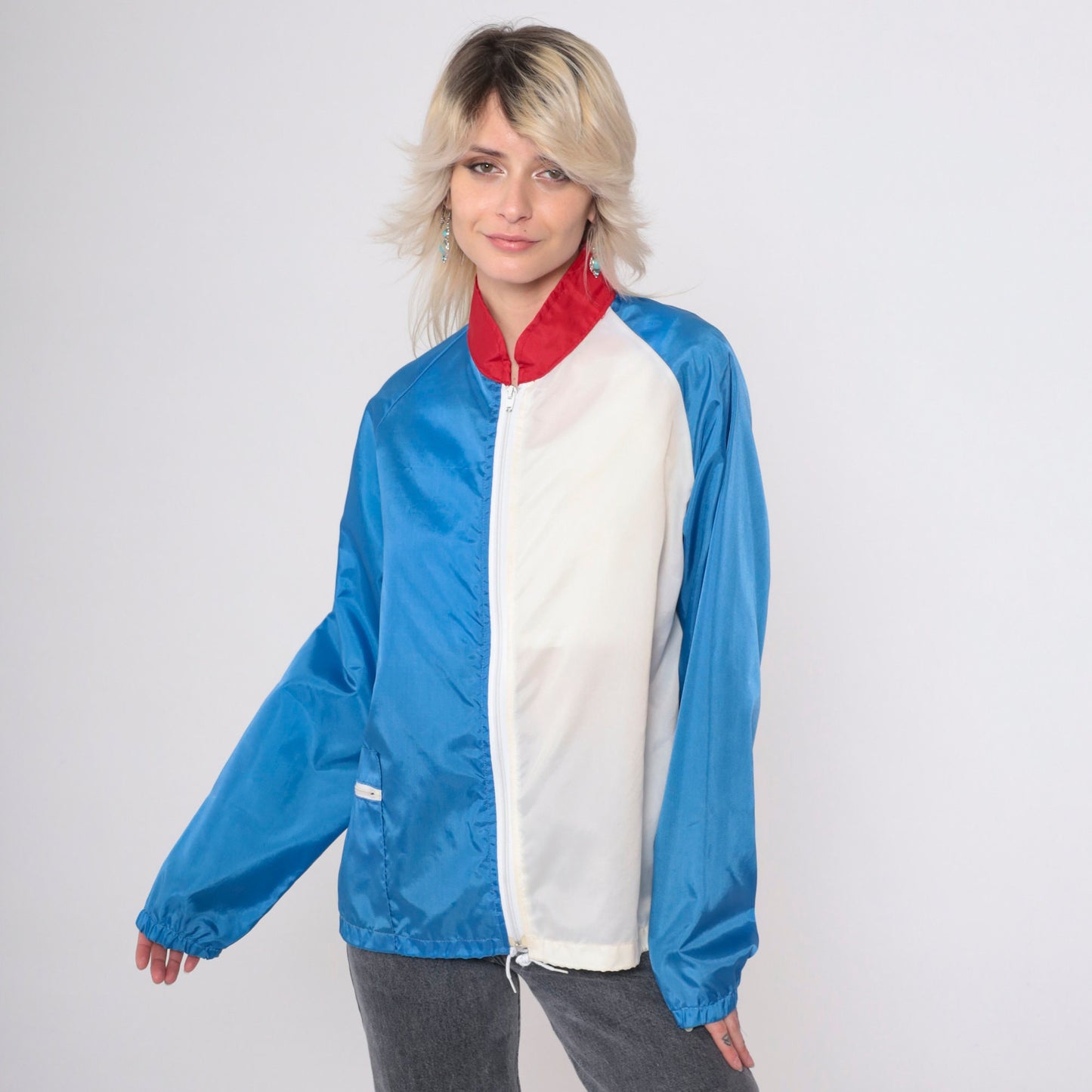 80s Baseball Windbreaker Jacket Blue White Colour Block Raglan Medium