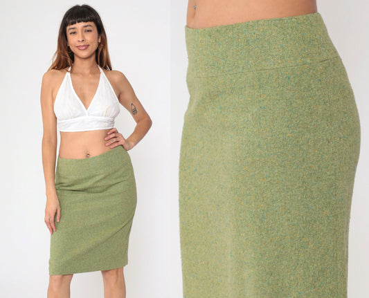 90s Ann Taylor Loft Green Wool Pencil Skirt Midi Kick Pleat Small