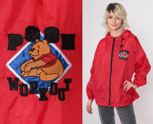 90s Winnie The Pooh Red Windbreaker Jacket Hooded Disney Medium