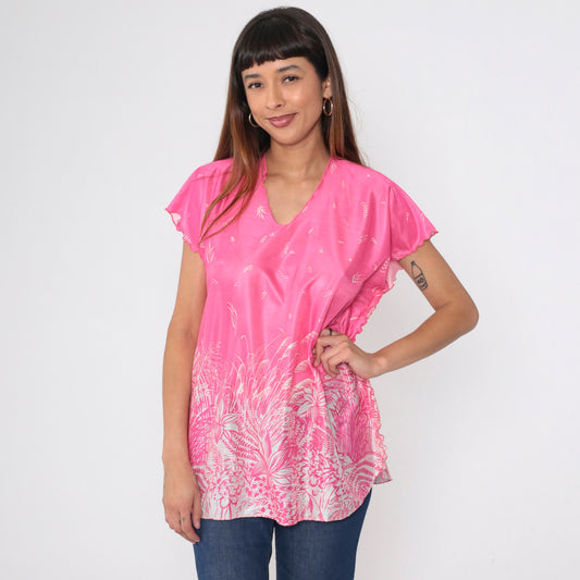 70s Pink Floral Leaf Print Blouse Flutter Sleeve V Neck Lettuce Edge Large L