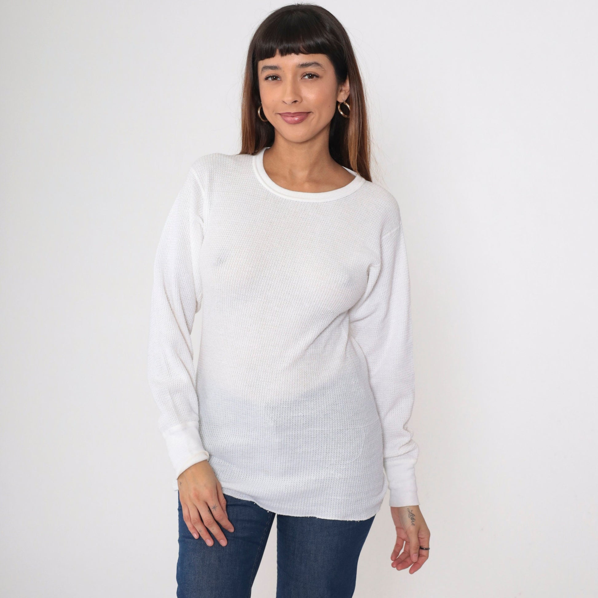 80s Greatland White Waffle Knit Thermal Long Sleeve Undershirt Small