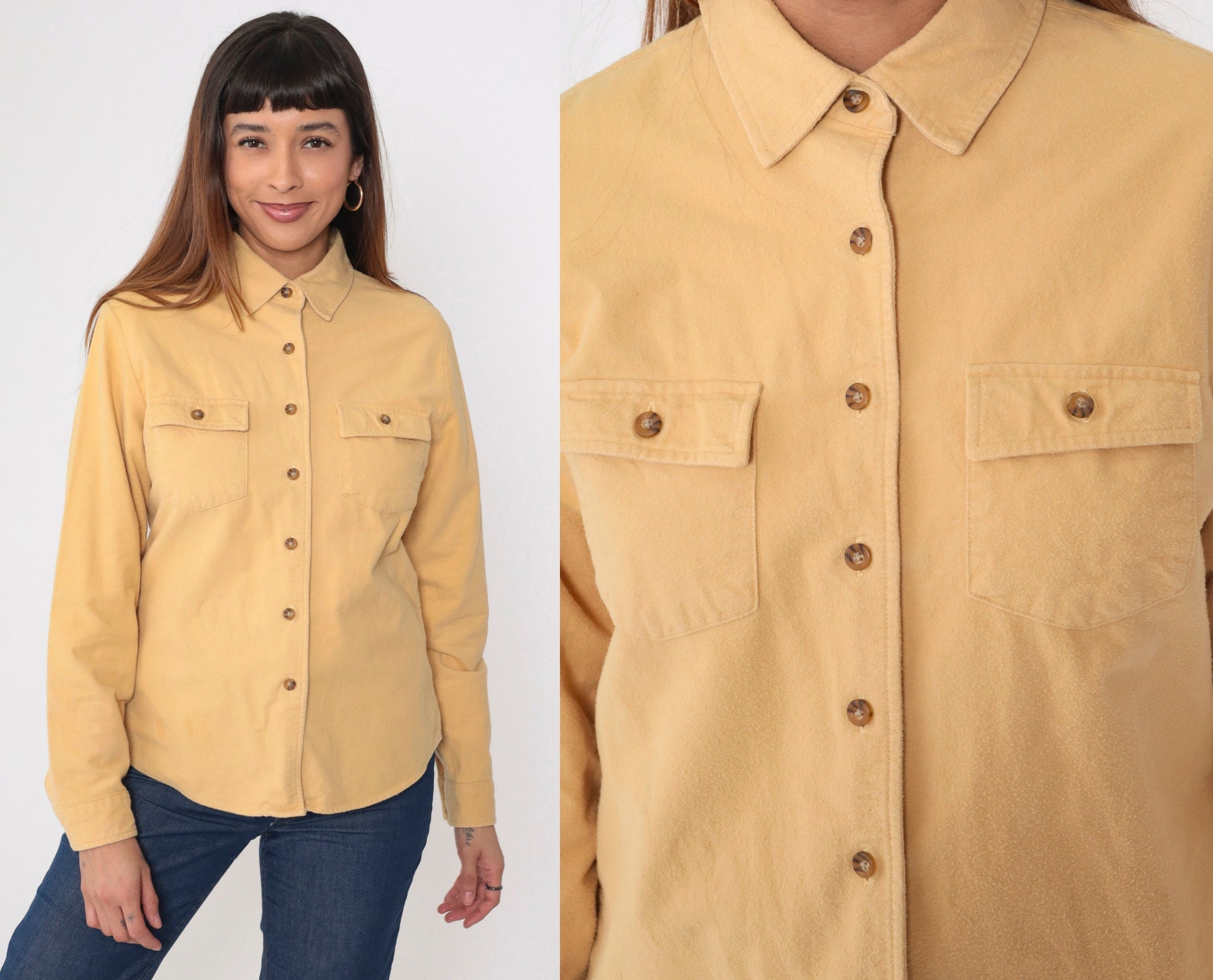 90s LL Bean Cotton Button Up Shirt Muted Yellow Long Sleeve Medium