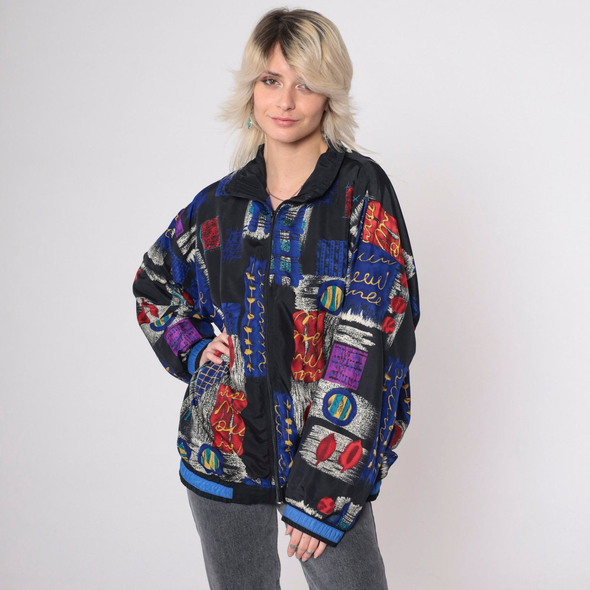 90s Patchwork Windbreaker Black Checkered Abstract Full Zip Jacket Medium