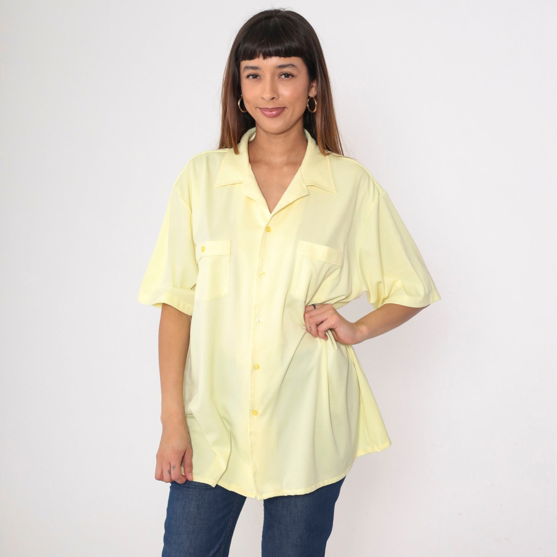 80s Yellow Button-Up Shirt Men's Extra Large Chest Pocket Short Sleeve