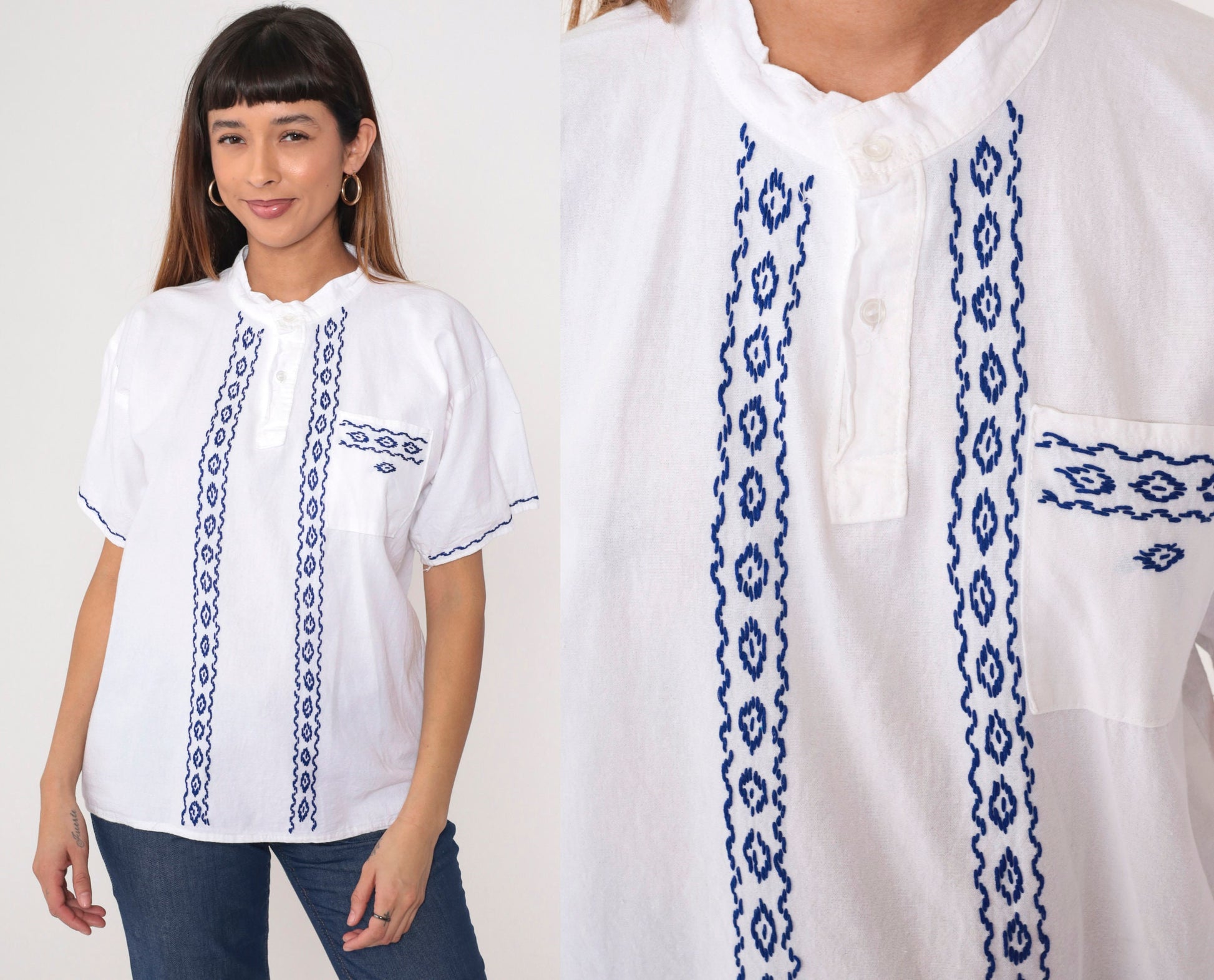 90s White Tunic Top Geometric Embroidery Button-Up Blouse Medium