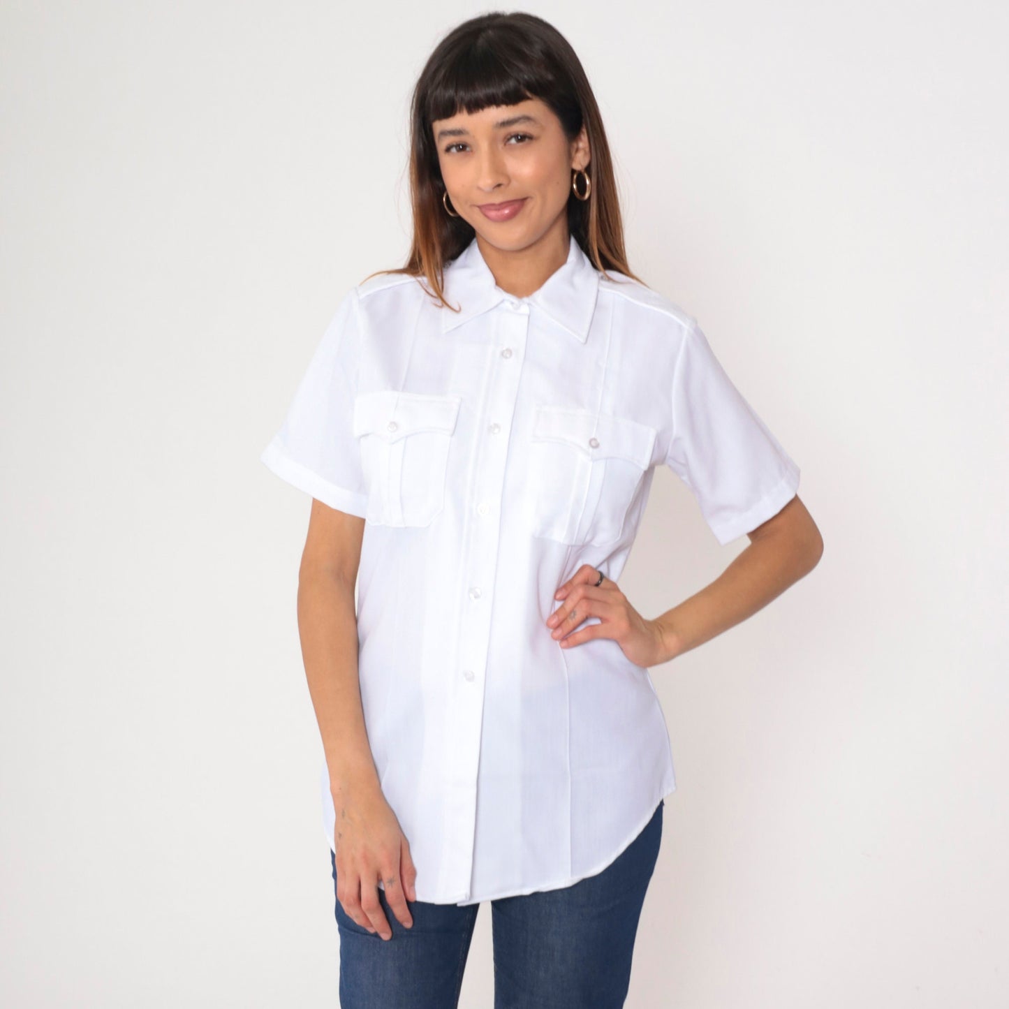 80s Flying Cross White Utility Shirt Button Up Uniform Medium