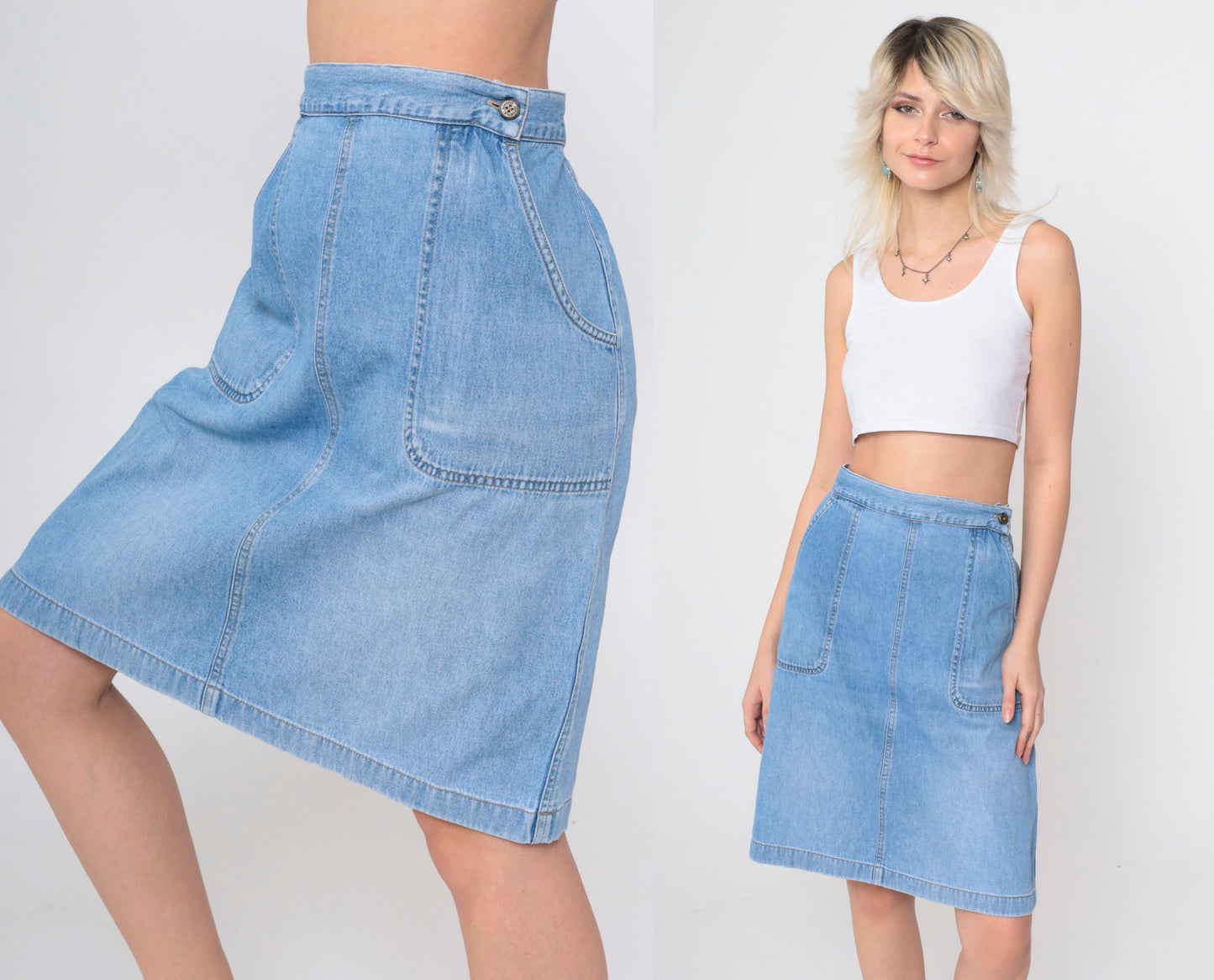 90s High-Waisted Denim Skirt Blue Knee-Length Patch Pocket Straight Large