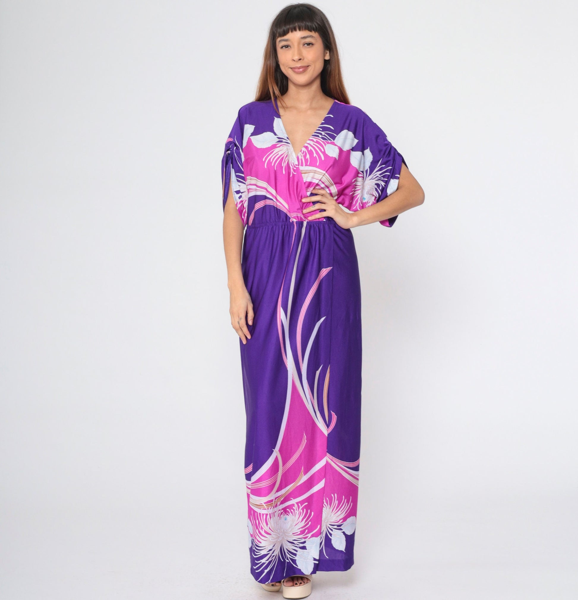 70s Purple Floral Hawaiian Maxi Dress Faux Wrap Ruched Sleeve Medium
