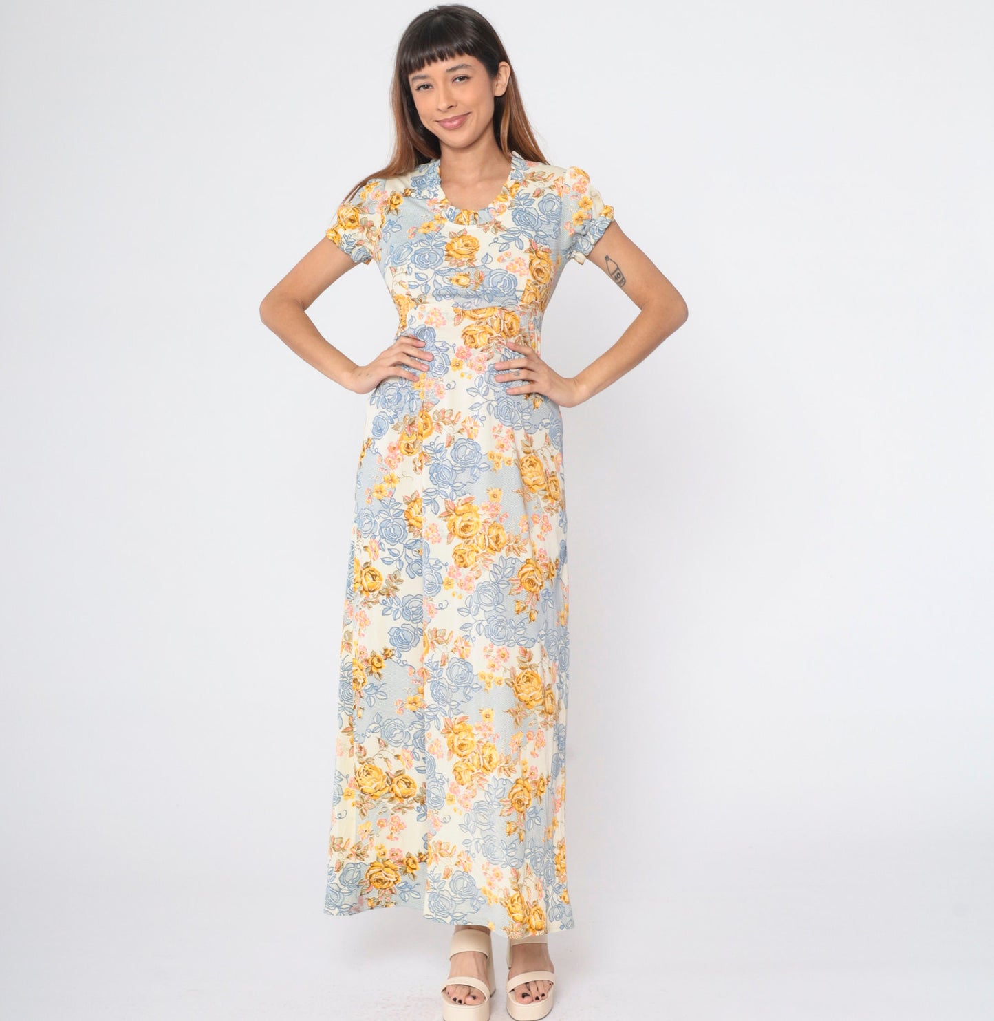 70s Floral Maxi Dress Empire Waist Puff Sleeve Cream Rose Print Small S