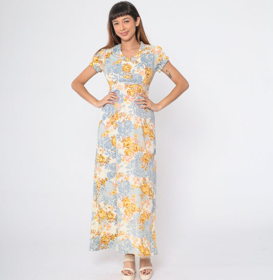 70s Floral Maxi Dress Empire Waist Puff Sleeve Cream Rose Print Small S