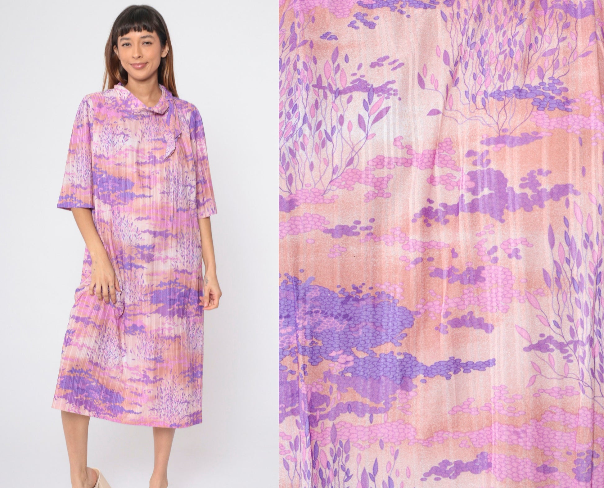 70s Psychedelic Midi Dress Abstract Tree Cloud Print Ascot Tie Short Sleeve Purple Pink Large L
