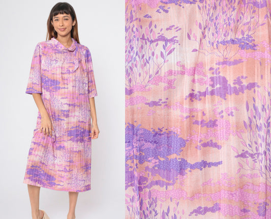 70s Psychedelic Midi Dress Abstract Tree Cloud Print Ascot Tie Short Sleeve Purple Pink Large L