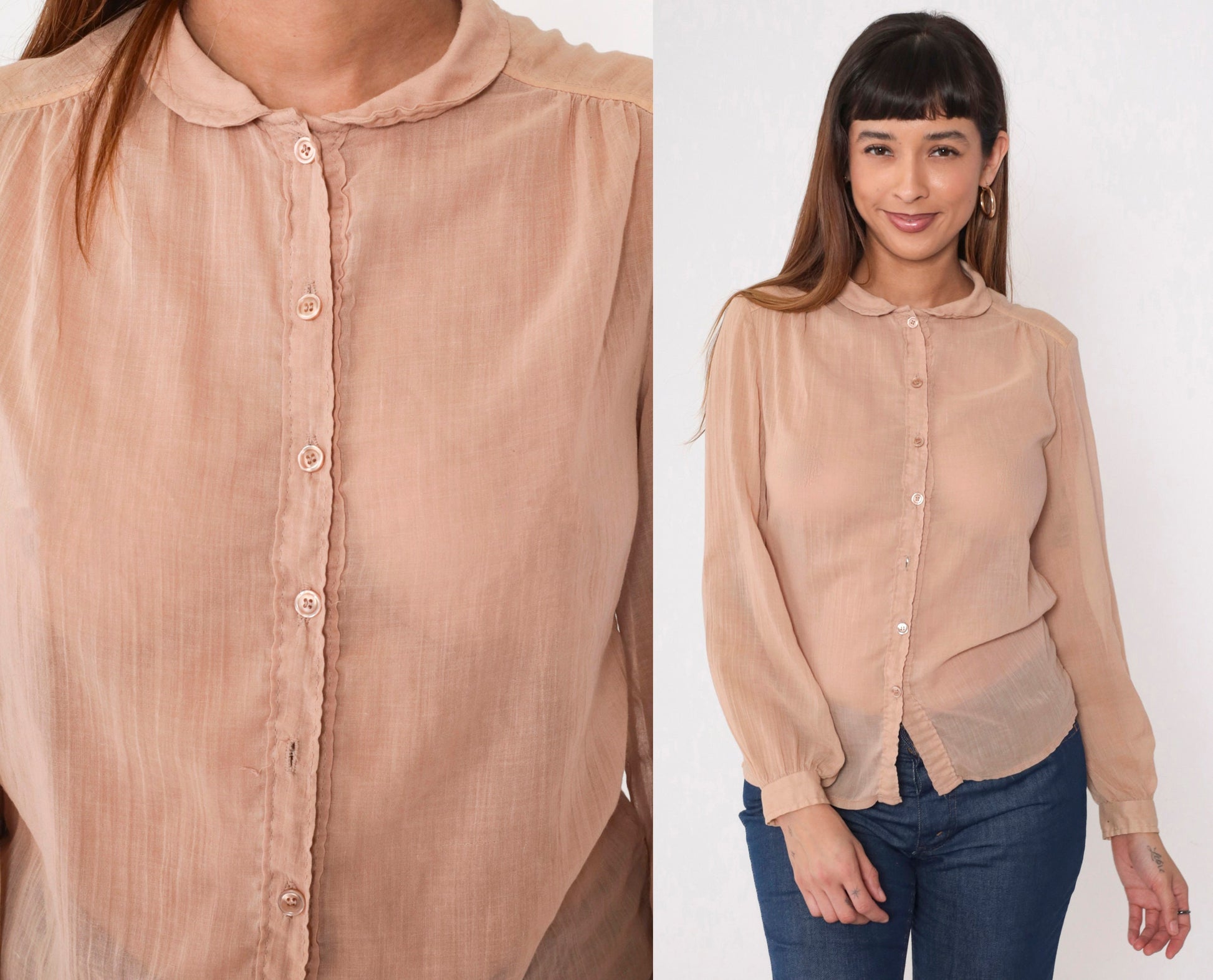70s Tan Gauze Blouse Peter Pan Collar Button Up Long Sleeve Small