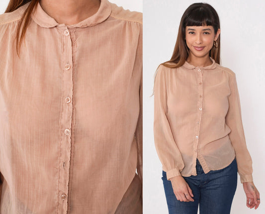 70s Tan Gauze Blouse Peter Pan Collar Button Up Long Sleeve Small
