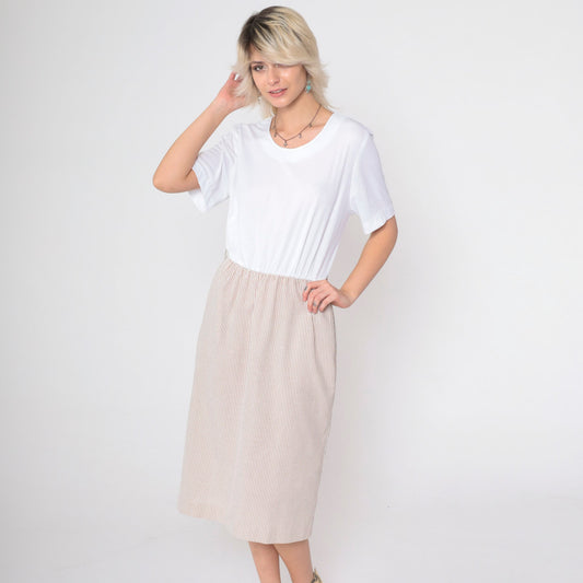 80s Wili of California Pinstriped Midi Dress White Brown Scoop Neck Small Medium