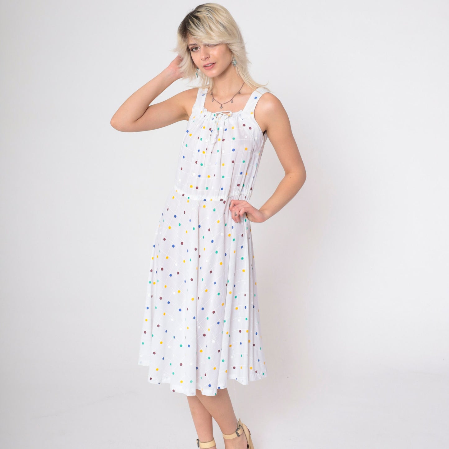 70s White Polka Dot Midi Dress Drawstring Neckline Sleeveless Medium