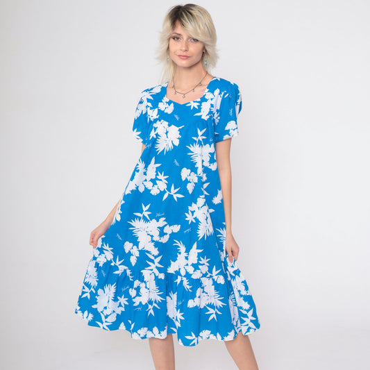 80s Hawaiian Floral Mini Dress Blue Puff Sleeve Tent Cut Small