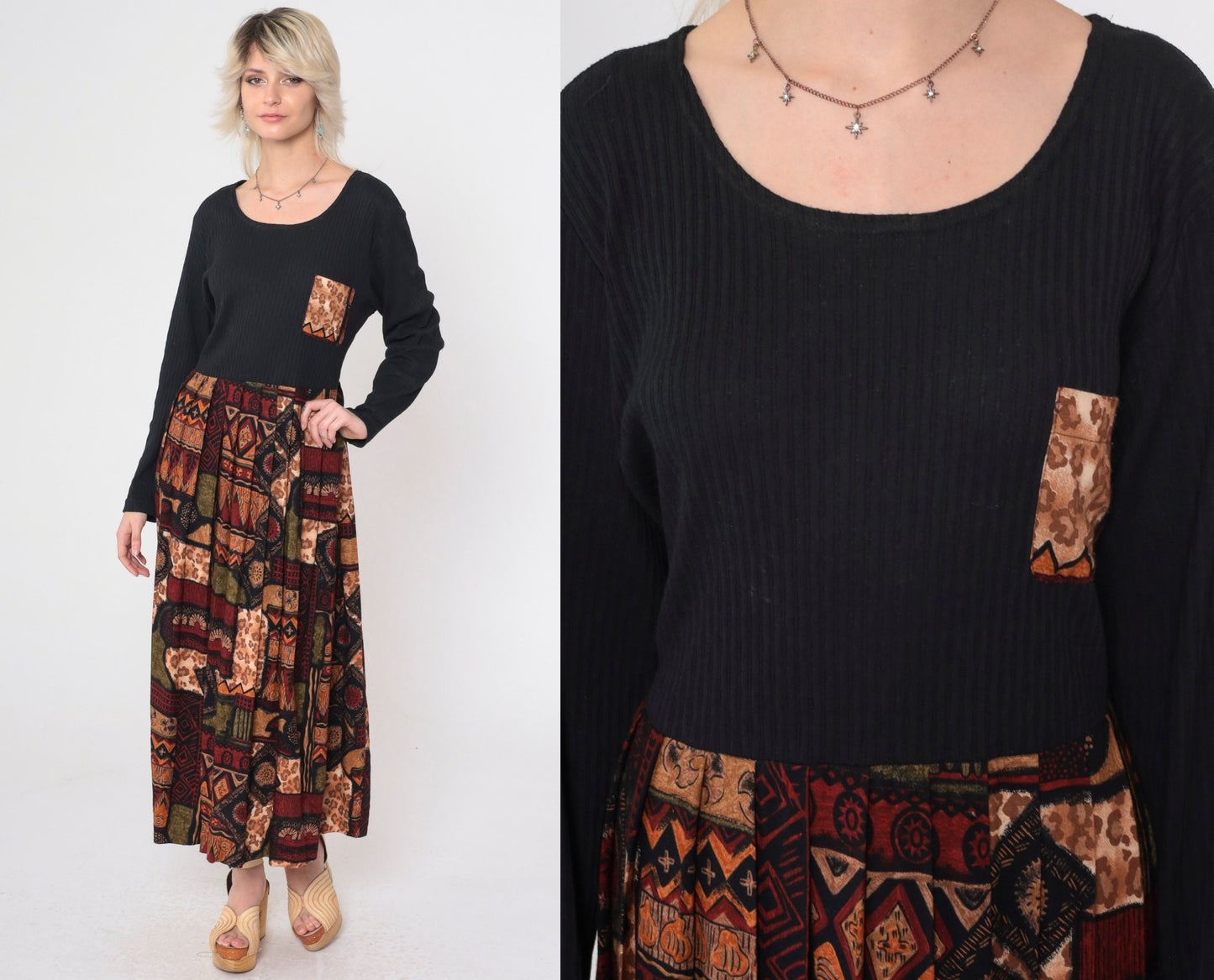 90s Diana Marco Geometric Animal Print Maxi Dress Black Long Sleeve Extra Large