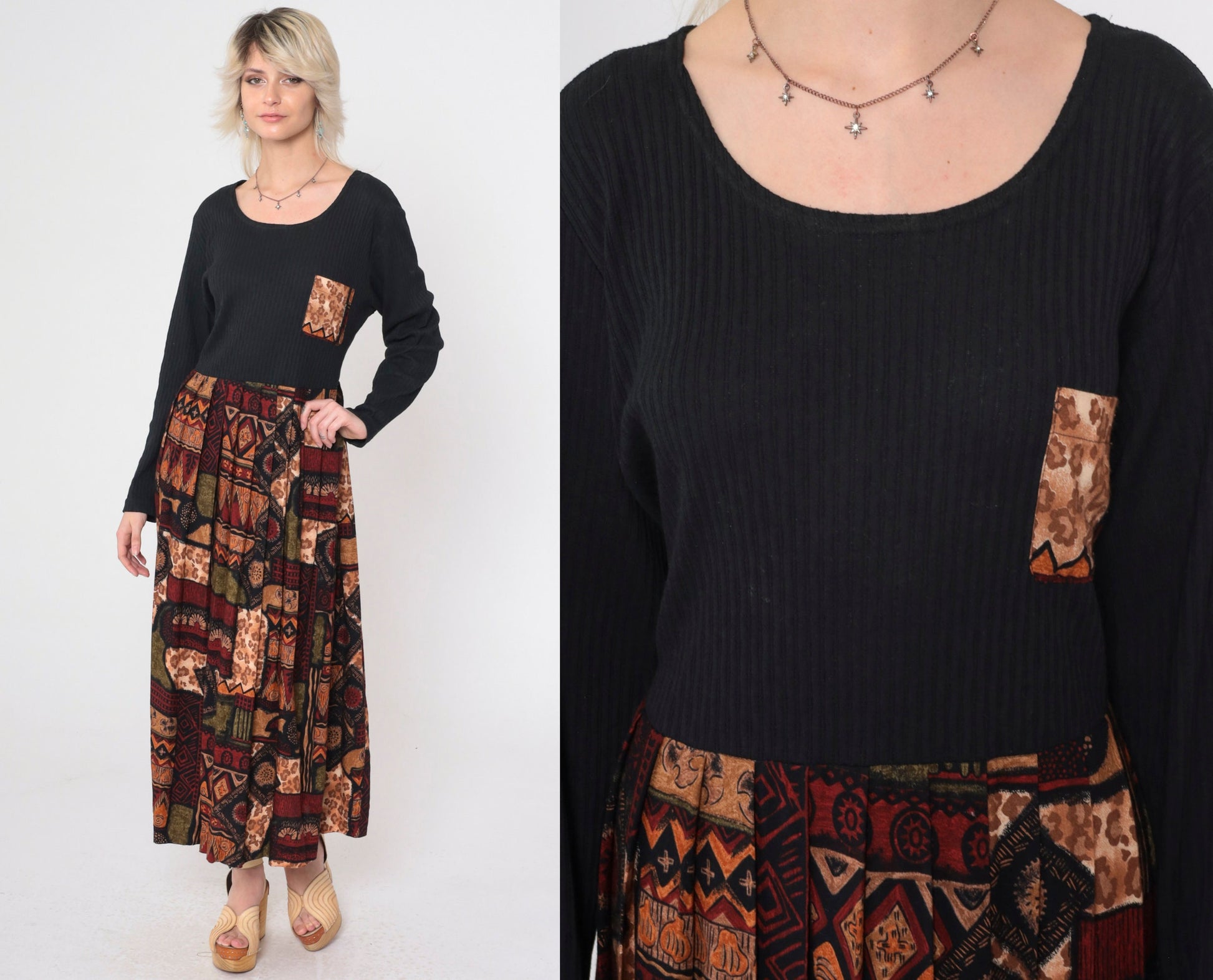 90s Diana Marco Geometric Animal Print Maxi Dress Black Long Sleeve Extra Large