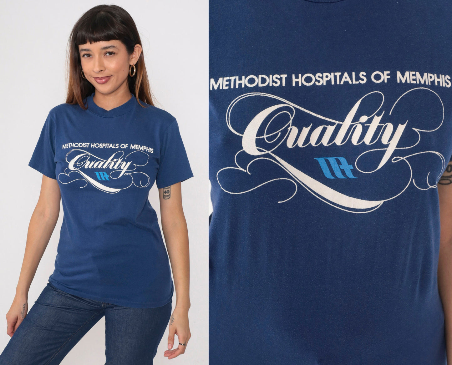 80s Methodist Hospitals of Memphis Graphic T-Shirt Blue Single Stitch Small