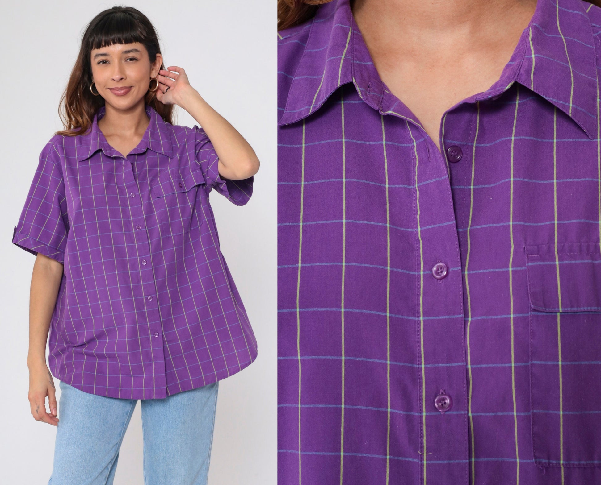 90s Purple Checkered Button-Up Blouse Short Sleeve Preppy Plus Size 18W