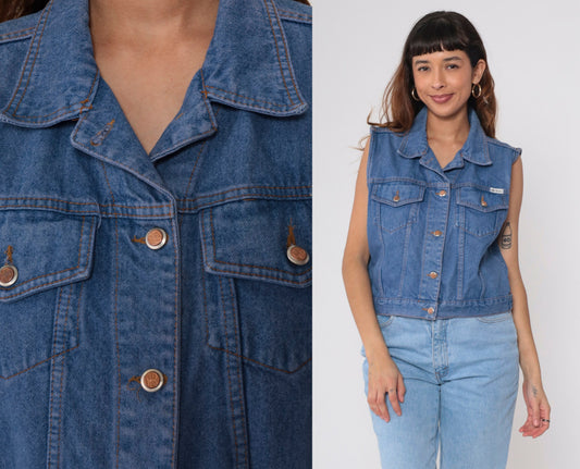 90s Bill Blass Cropped Denim Vest Blue Jean Sleeveless Button-Up Medium